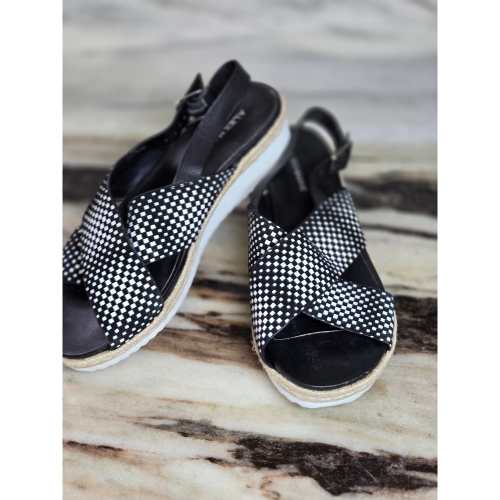 Alex Marie Black White Checkered Woven Platform Slingback Sandals 5.5M